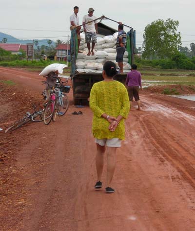truck carrying salt bags from the factory in kampot